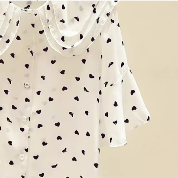 Women's Heart Print Layered Sailor Collar Butterfly Short Sleeves Blouse Shirt - Picture 7 of 9